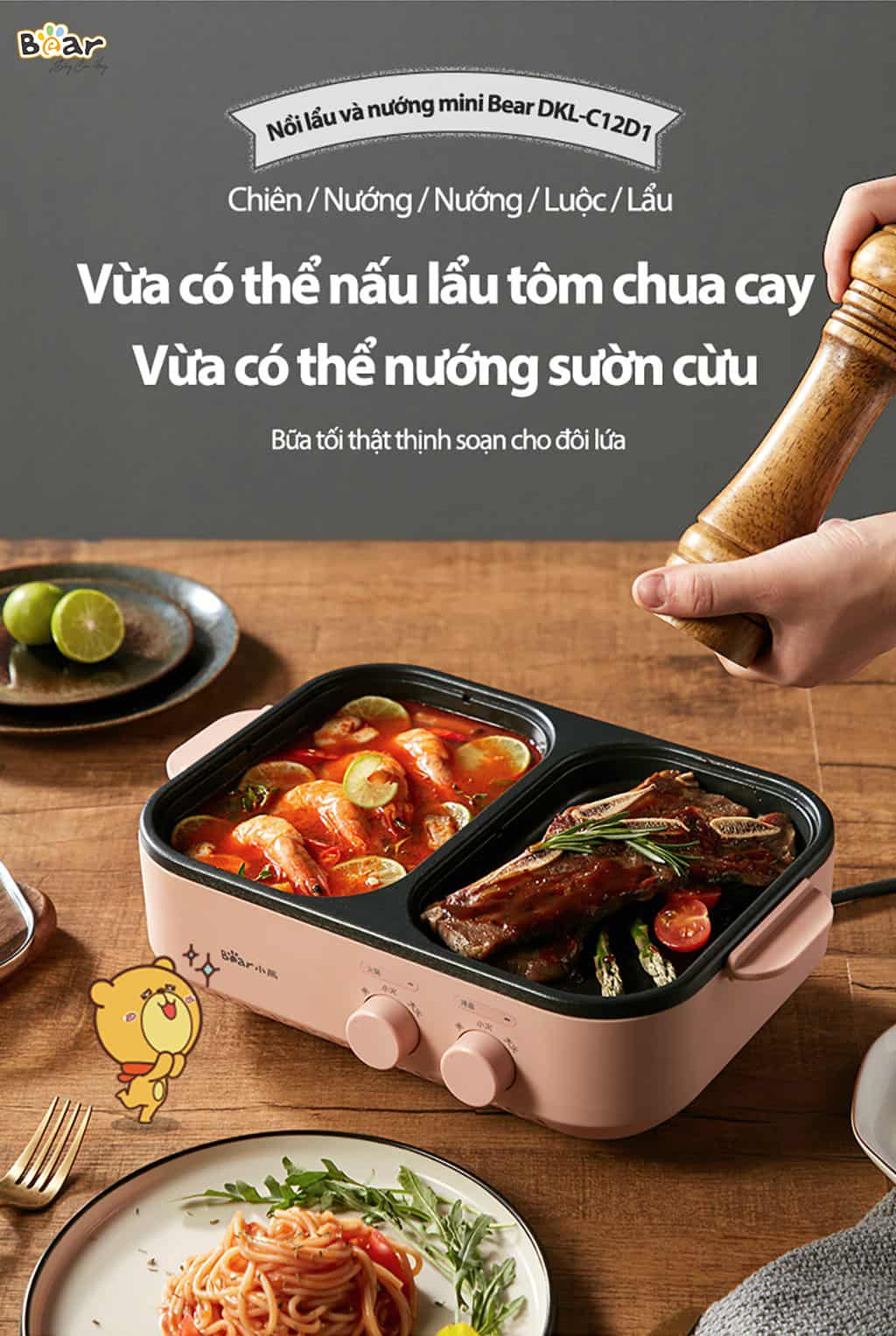 Nồi lẩu nướng 2 ngăn mini Bear DKL-C12D1