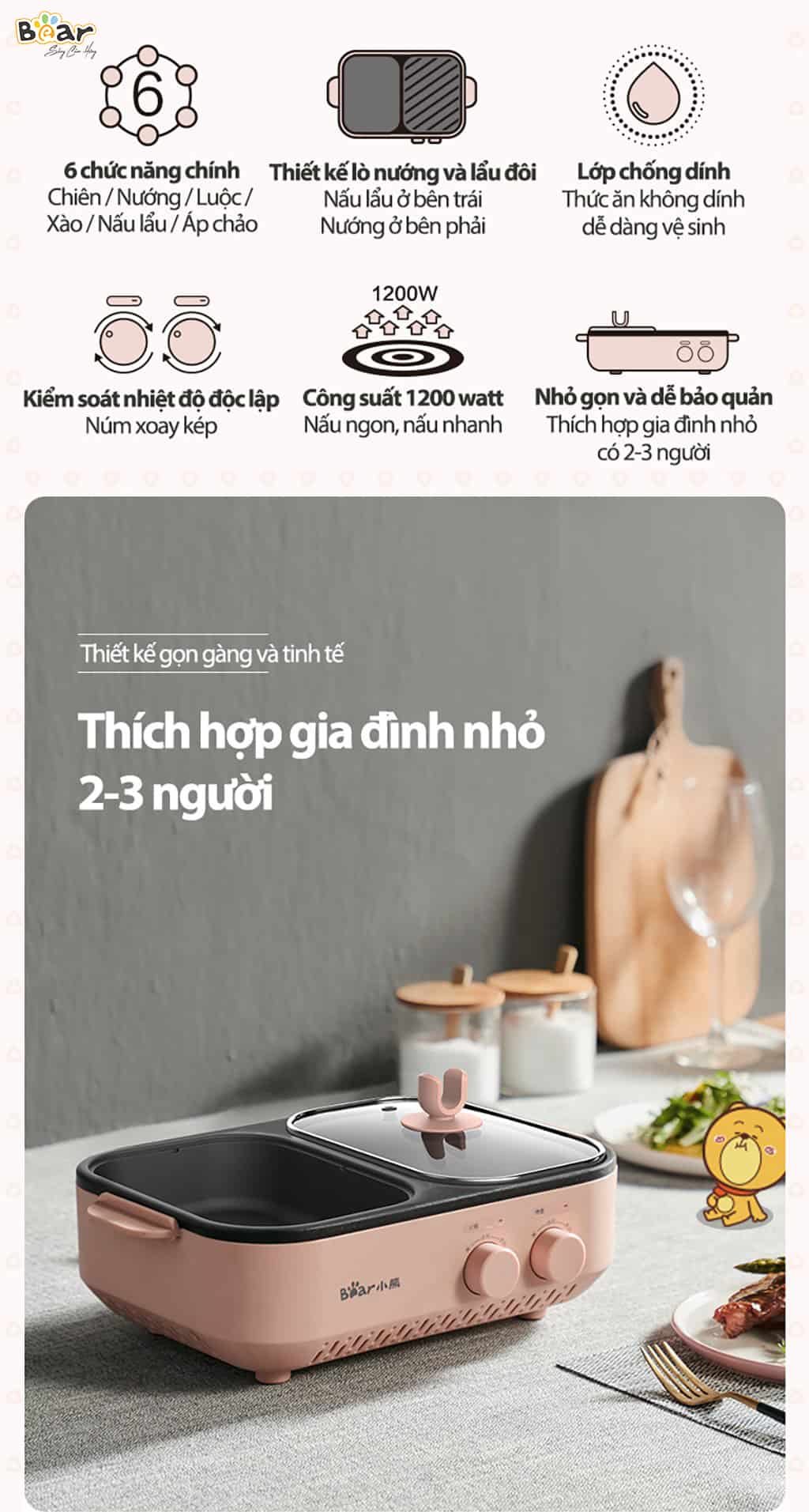 Nồi lẩu nướng 2 ngăn mini Bear DKL-C12D1
